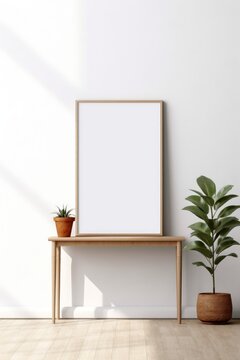 A horizontal frame mockup on a light background with a wooden board. AI generated
