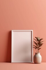 A horizontal frame mockup on a light peach background with a textured wooden board. AI generated
