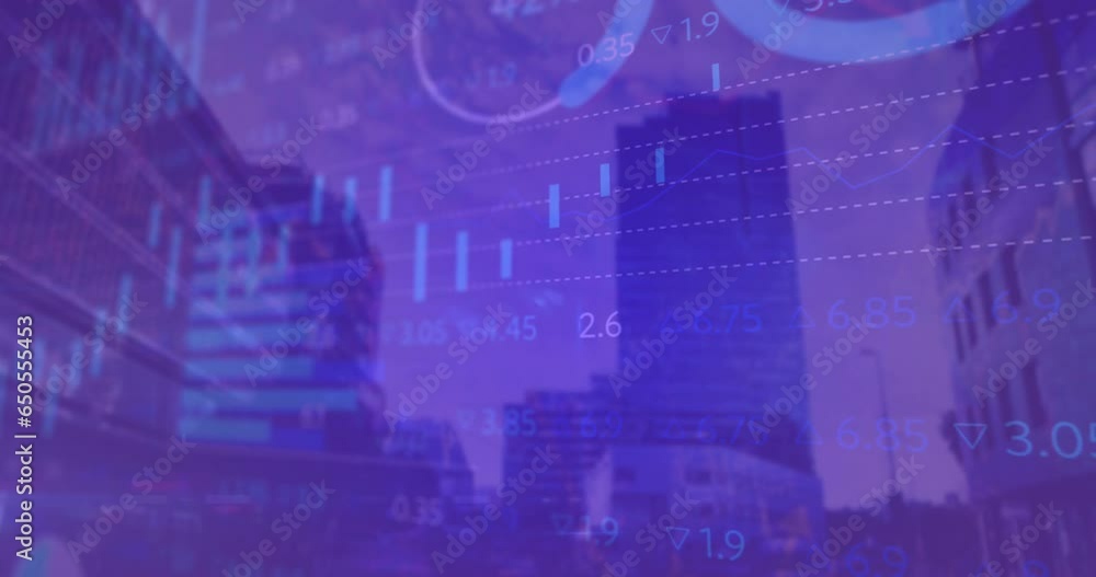 Poster animation of multiple graphs and trading board over low angle view of buildings against cloudy sky