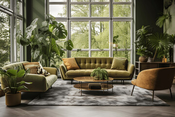 Interior of living room with green houseplants and sofas.