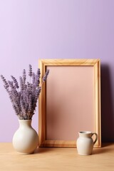 A horizontal frame mockup on a light purple background with a wooden board. AI generated