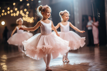 Cute ballerina girls in tutu dance practice in the room - obrazy, fototapety, plakaty