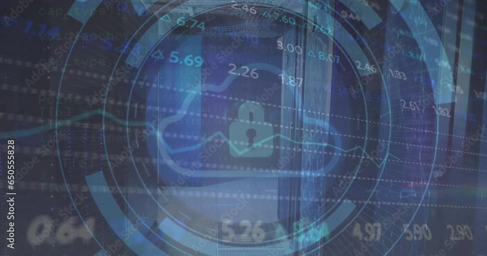 Poster animation of padlock, cloud in loading circles and trading board over data server room