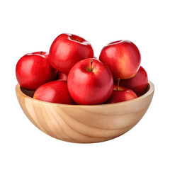 Fototapeta na wymiar front view close up of apples fruit in a wooden bowl isolated on a transparent white background