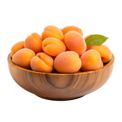 front view close up of apricots fruit in a wooden bowl isolated on a transparent white background