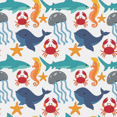 Naklejka premium Aquatic life seamless pattern. sea animals. whale, shark, crab, sea horse