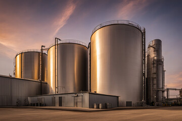 Obraz premium Große storage tanks und Silos die benutzt weden um rohes material aufzubewahren. Fässer stehen drausen mit Sonnenuntergang und schönem Himmel