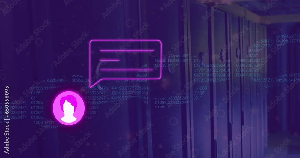 Poster animation of message box, profile icon, numbers forming blockchain over server room
