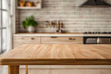 Kitchen background for advertising food products on the background of the kitchen, wooden tabletop, blurred background