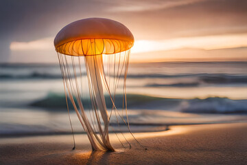 jellyfish on the beach sea background - obrazy, fototapety, plakaty