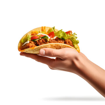 Close up of hand holding taco. Isolated on white background. Traditional Mexican street food, Generative AI