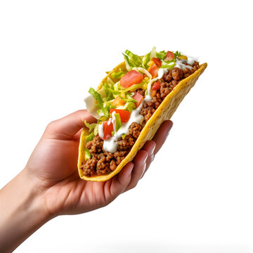 Close up of hand holding taco. Isolated on white background. Traditional Mexican street food, Generative AI