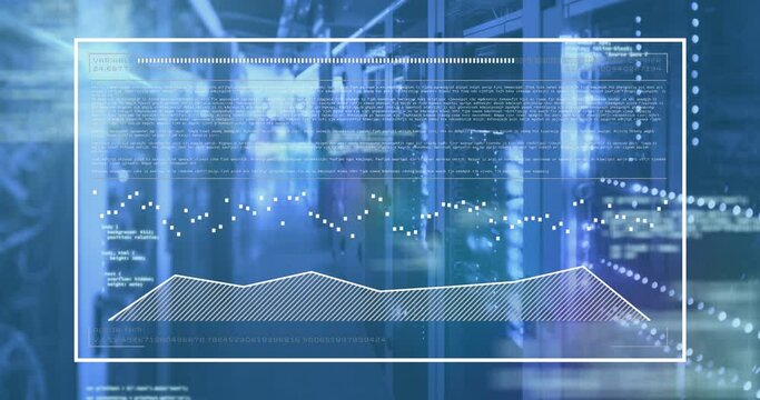 Animation of graphs, loading bars and computer language over data server room