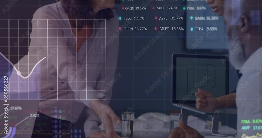 Poster animation of graphs and trading board over diverse architects discussing blueprint in office
