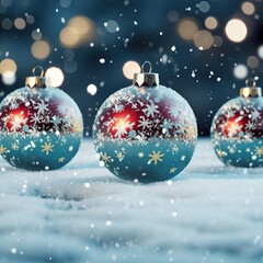 Festive Christmas scene with decor in snow over blurred bokeh background and copy space for your xmas greetings.