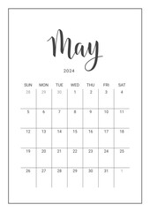 Vector Calendar Planner for May 2024. Handwritten lettering. Week Starts Sunday. Stationery Design for Printable. Objects Isolated on White Background.