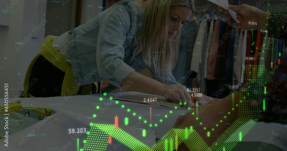 Poster animation of graphs with numbers over caucasian designer drawing outline on cloth