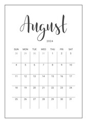 Vector Calendar Planner for August 2024. Handwritten lettering. Week Starts Sunday. Stationery Design for Printable. Objects Isolated on White Background.