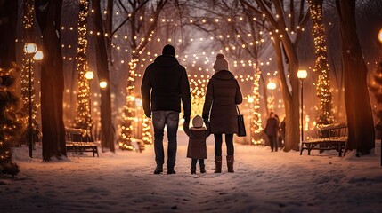 Family, parents and children in a beautiful winter garden with Christmas lights on the trees in the evening