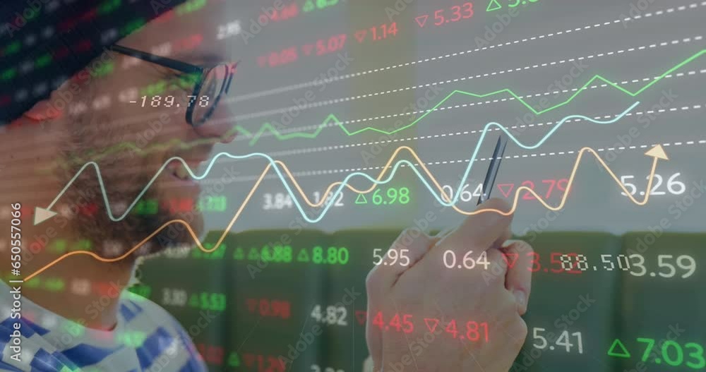 Poster animation of graphs and trading board over smiling caucasian man chatting using cellphone