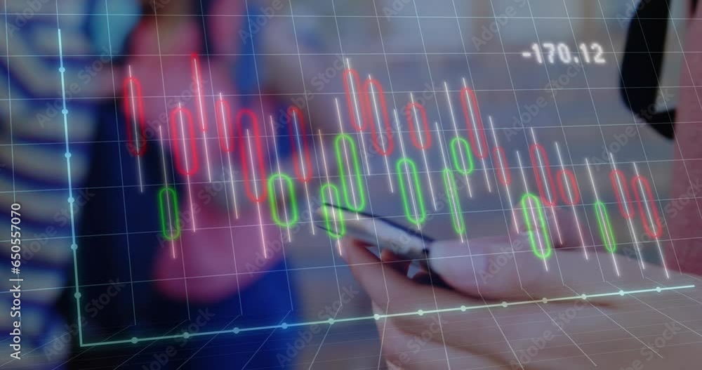 Poster Animation of graphs and changing numbers over midsection of caucasian woman using cellphone