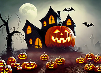 ハロウィンの大きなジャック・オー・ランタン、こうもり、家、月、木