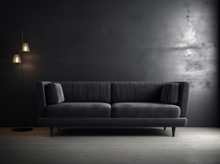 Interior design of cozy and sleek living room with stylish sofa, coffee table, flowers in vase, texture wall, fabulous finishings and natural light