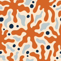 Minimal floral abstract seamless pattern. Henry Matisse inspired wavy endless background with fluid flowers, organic shapes and dots. Modern fashion design. Repeat vector illustration