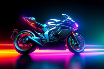 Futuristic neon sport bike stage. Generate Ai