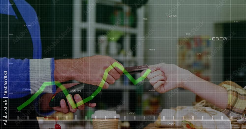 Poster animation of graphs with numbers, caucasian man taking card to take payment using credit card reader