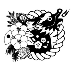 2024年、辰年、和風、イラスト、アイコン、正月、イラスト、年賀状、かわいい、しめ飾り、しめ縄、白黒、モノクロ、一色