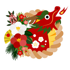 2024年、辰年、和風、イラスト、アイコン、正月、イラスト、年賀状、かわいい、しめ飾り、しめ縄、赤