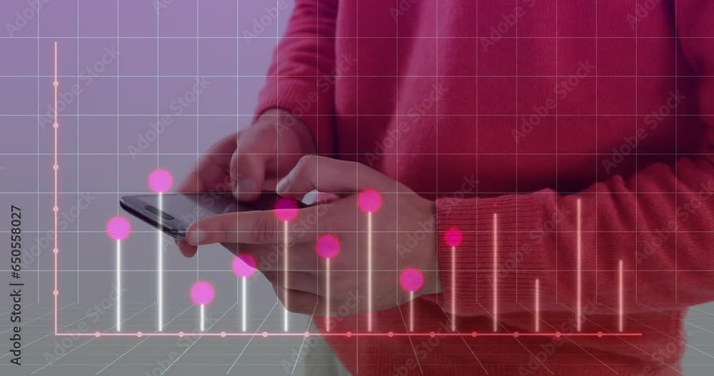 Poster animation of graph on grid pattern over midsection of man standing and using cellphone