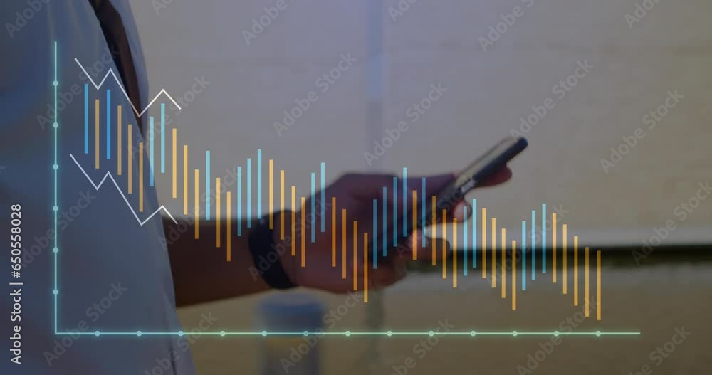 Poster animation of graphs over midsection of caucasian man walking while texting on smartphone