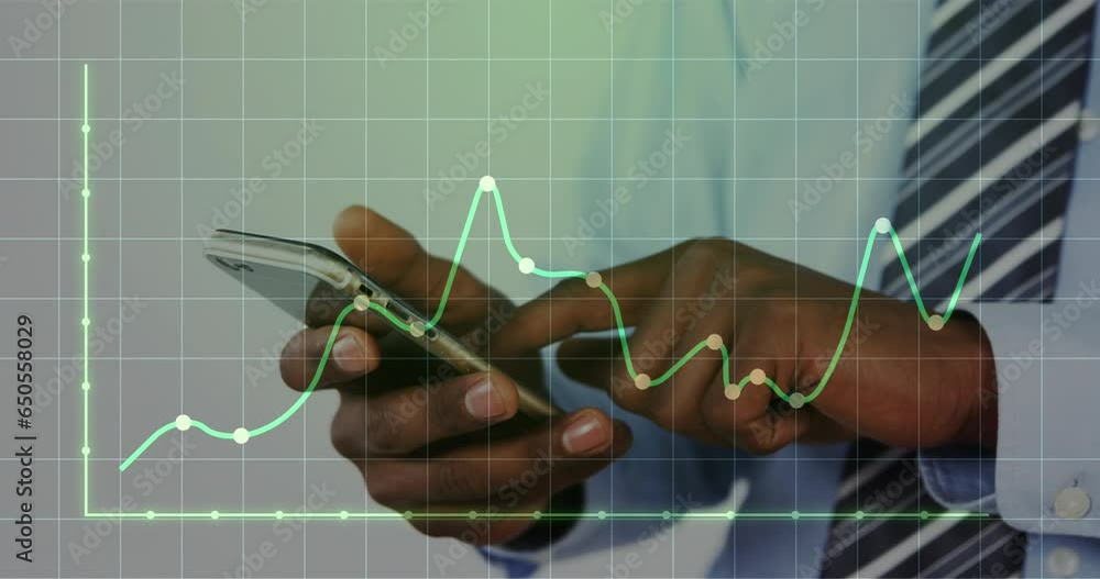 Poster animation of dots on graph and grid pattern over african american businessman using cellphone