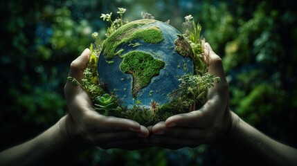 Earth crystal glass globe ball and tree in human hand saving the environment, save a clean planet, ecology concept.environment concept for the development of sustainability
