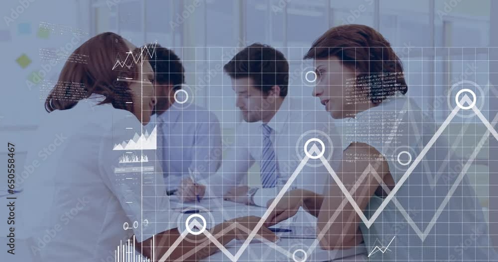 Poster animation of graphs, map and loading circles over diverse coworkers sharing ideas in office
