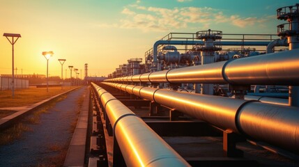 Large oil pipeline and gas pipeline in the process of oil refining. - obrazy, fototapety, plakaty