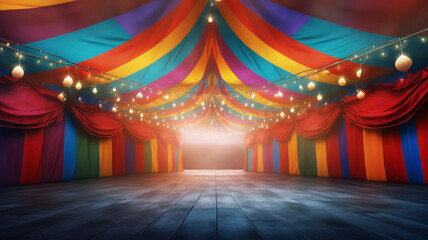 Colorful multi colored circus tent background and twinkling lights with space for copy.