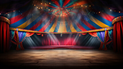 Colorful multi colored circus tent background and twinkling lights with space for copy. - obrazy, fototapety, plakaty