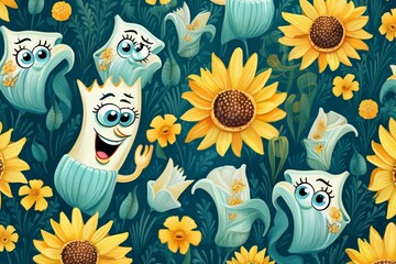 Pattern with an ocean-themed flower design featuring SpongeBob. Generative AI