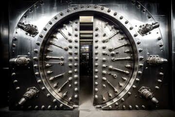 The gate of a massive steel bank vault door, opening and closing with rivets and welds. Generative AI