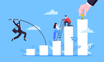 Businessman jumps pole vault over graph bars flat style design vector illustration business concept. Business growth and goal achievement concept. - obrazy, fototapety, plakaty