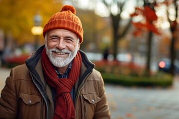 Portrait of a smiling senior man wearing winter clothes in a park.