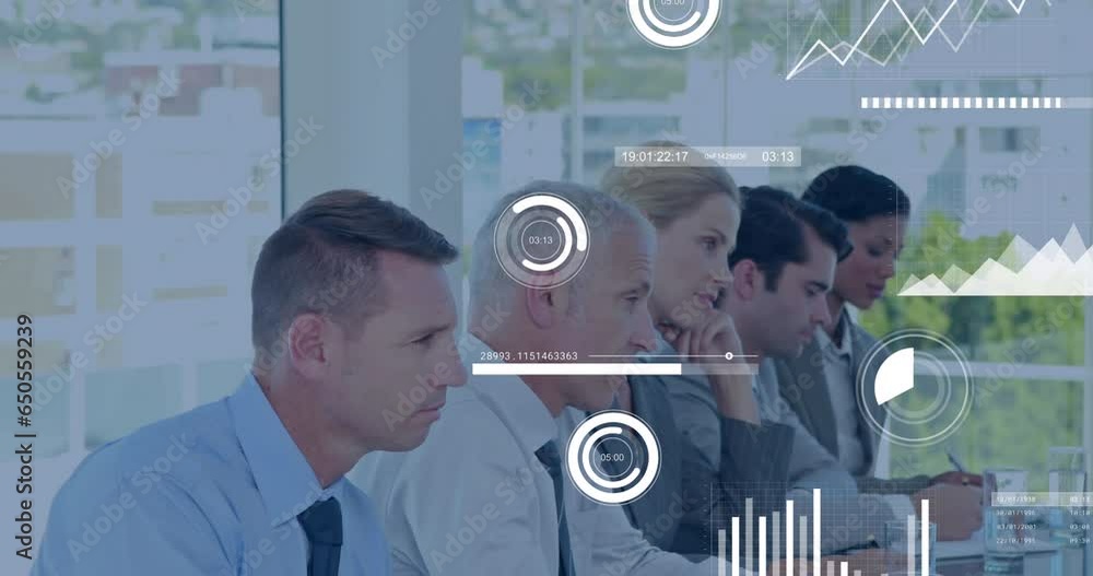Aufkleber animation of multiple graphs, loading bars and circles over diverse coworkers sharing ideas