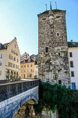 Brugg, Aare, Altstadt, Schwarzer Turm, Stadt, Steinbrücke, Brücke, Altstadthäuser, Jurasüdfuss, Aargau, Nordwestschweiz, Sommer, Schweiz