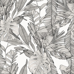 Tropical exotic floral line palm leaves and plants seamless pattern, line background. Exotic jungle wallpaper.	
