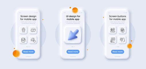 Smile, Discounts app and Ecology app line icons pack. 3d phone mockups with cursor. Glass smartphone screen. Auction, Foreman, Dislike web icon. Fishing place, Romantic talk pictogram. Vector