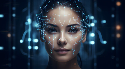 Human face digital analysis by artificial intelligence concept, woman portrait. Generative AI