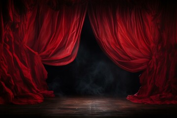 Red theater curtain being raised with a background. Generative AI